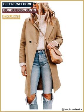 Wool Blend Pea Coat Long Trench Women's Knee Length Notched Lapel Button